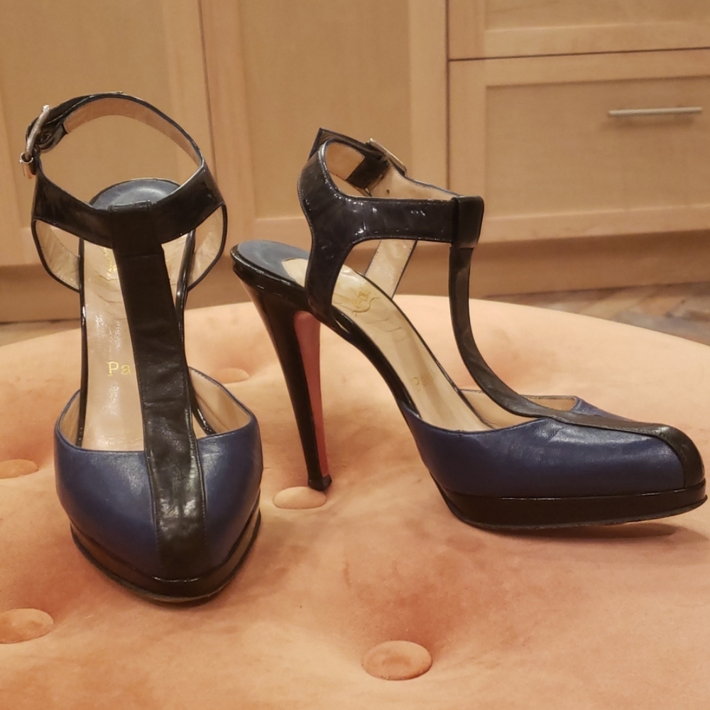 Christian Louboutin black patent and blue leather